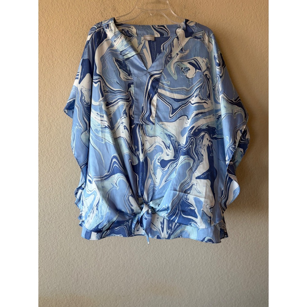 Chicos Blue White Marble Swirl Print Tie Front V-Neck Dolman Blouse Top XL